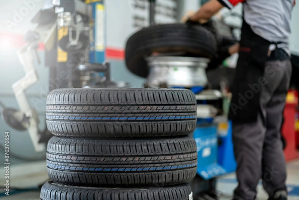 Fototapeta A mechanic is preparing tires from the tire warehouse for tire replacement in the workshop.