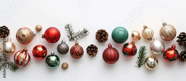 Fototapeta A festive arrangement of Christmas ornaments against a white backdrop, displayed in a flat lay style with a copy space image. Ideal for a New Year holiday frame.