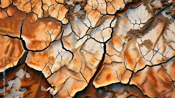 Fototapeta aerial perspective of a salt and clay pan revealing the intricate patterns of its broken surface