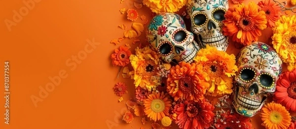 Fototapeta A festive Dia De Los Muertos lightbox set against an orange background with sugar skulls, marigold flowers, and calaveritas on a traditional Mexican festival flyer. Flat lay with a top-view