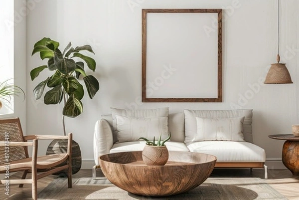 Fototapeta Modern Living Room with Round Wooden Accent Coffee Table Near Sofas and Armchair in Art Deco Style Interior Design.