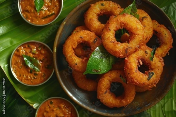 Fototapeta South Indian Medu Vada with coconut chutney and sambar.