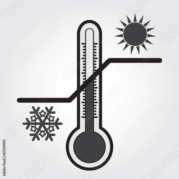 Fototapeta Thermometer with high and low temperatures. Sun and snowflake. Black and white illustration. Vector Image.