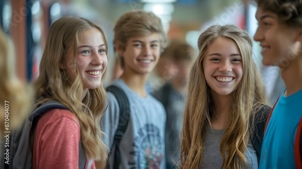 Fototapeta High school students joyfully reuniting with friends in the  hallway.