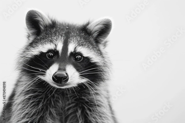 Fototapeta A raccoon is staring at the camera with its mouth open. The image is in black and white, giving it a classic and timeless feel. The raccoon's expression is curious and playful