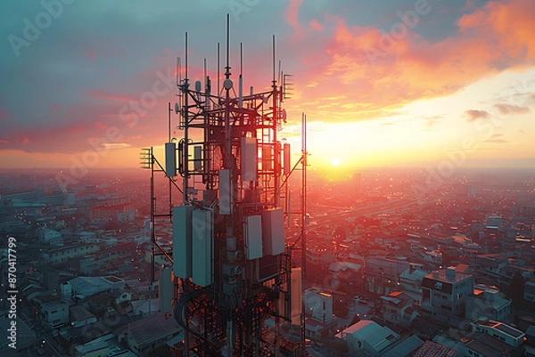 Obraz 3d base station receiver. telecommunication tower 6g. polygonal design global connection information transmitter. Mobile radio antenna cellular ,sound wave	
