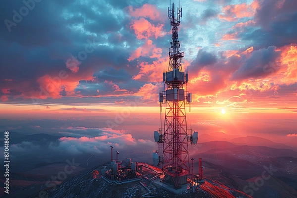 Fototapeta 3d base station receiver. telecommunication tower 6g. polygonal design global connection information transmitter. Mobile radio antenna cellular ,sound wave	
