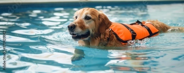 Fototapeta Golden retriever swimming in pool with life jacket.