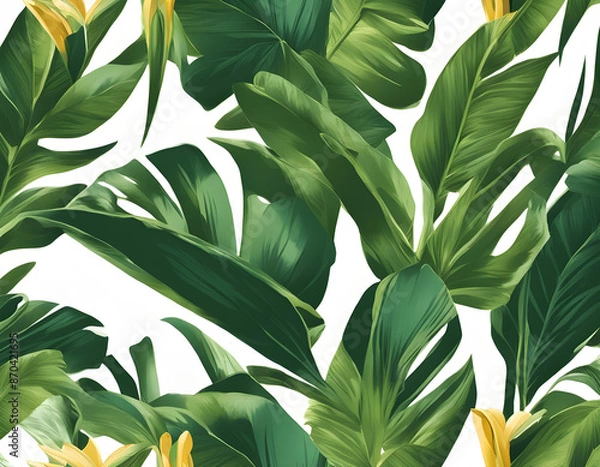 Fototapeta Illustration of tropical wallpaper print design with palm banana leaves