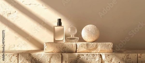 Fototapeta Stone bricks and a glass ball arranged on a brown surface offer a minimalist backdrop with room for displaying cosmetics products in a copy space image.
