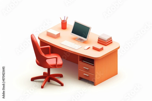 Fototapeta An orange-themed office space features a large desk with a computer, a comfortable chair, office supplies like pens and books, promoting an organized and efficient workspace.