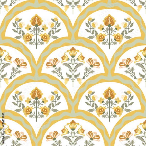 Fototapeta Seamless pattern with folk art design elements. Folk vector illustration with flowers on white background. Scandinavian traditional motif