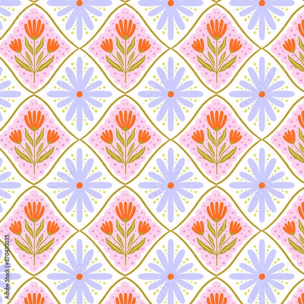 Fototapeta Geometrical retro pattern with flowers. Print for greeting card, wrapping paper, textile, wallpaper and invitation background.