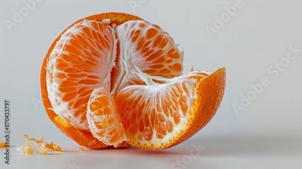 Fototapeta Peeled fresh mandarin, slice, white background, macro