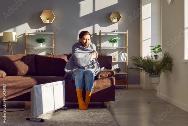 Fototapeta Young man gets frozen inside his chilly apartment during a very cold winter season. Sad man in a warm blanket and socks sitting on the couch at home and trying to warm up by a modern electric heater