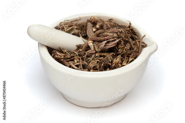 Obraz Close-up of Dry Organic Pellitory roots (Anacyclus pyrethrum), in white ceramic mortar and pestle, isolated on a white background.