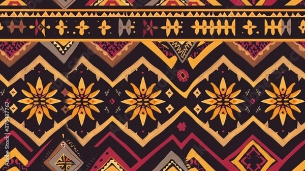 Fototapeta a seamless pattern of an Aztec and African tribal textile with geometric patterns in brown, yellow, red and purple colors, on dark background. The design incorporates warm tones and earthy hues,