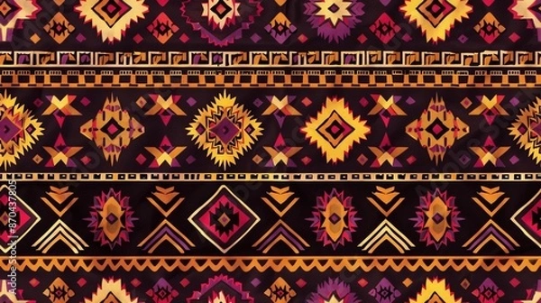 Fototapeta a seamless pattern of an Aztec and African tribal textile with geometric patterns in brown, yellow, red and purple colors, on dark background. The design incorporates warm tones and earthy hues,