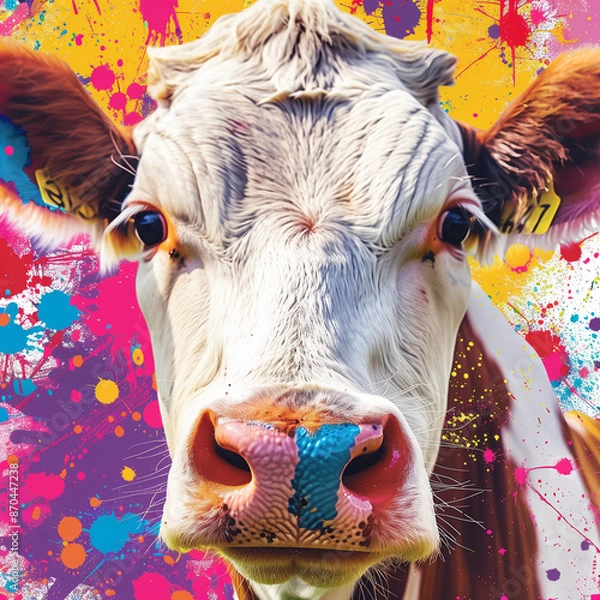 Fototapeta A close up of a cow's face with bright, colorful paint splatters in the background 