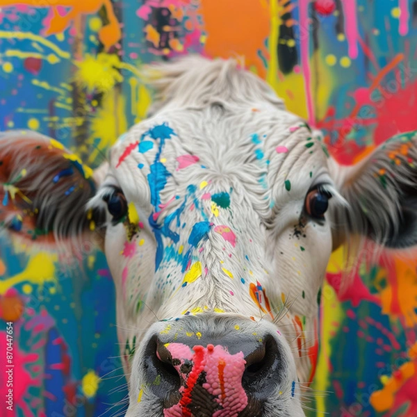 Fototapeta A close up of a cow's face with bright, colorful paint splatters in the background 