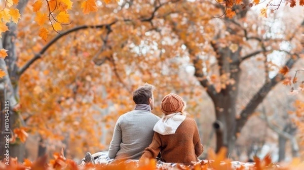 Fototapeta Couple sitting on a blanket under a tree, sharing a moment of autumn season, Intimate Romance