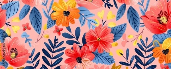 Fototapeta Floral seamless pattern with hand drawn flowers and leaves, with a red, orange and blue color palette