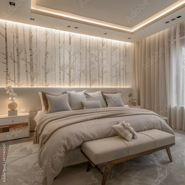 Obraz Modern bedroom large bed soft headboard floor ceiling window wall vertical lines soft light Cozy Ambiance Interior Design Concept 