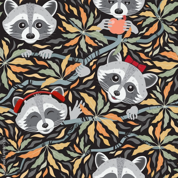 Fototapeta Seamless vector pattern with cute raccoon faces among colorful leaves