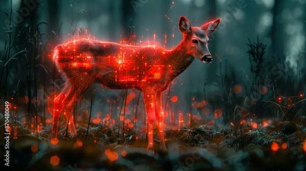 Obraz Abstract deer tech standing on forest, Ai generate