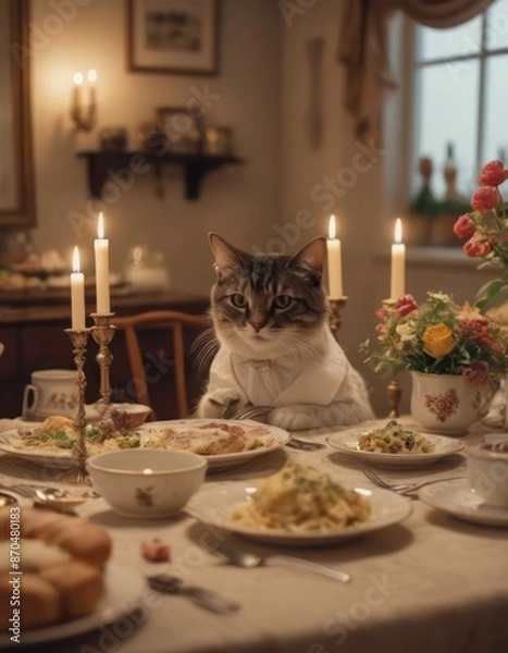 Fototapeta Amidst a lively gathering, an anthropomorphic cat savors a delicious meal at a dinner party
