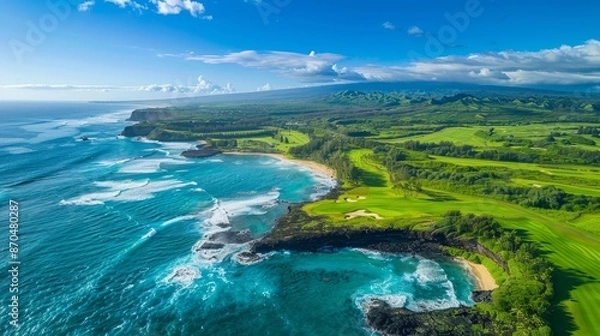 Fototapeta A beautiful beach with a rocky island in the background