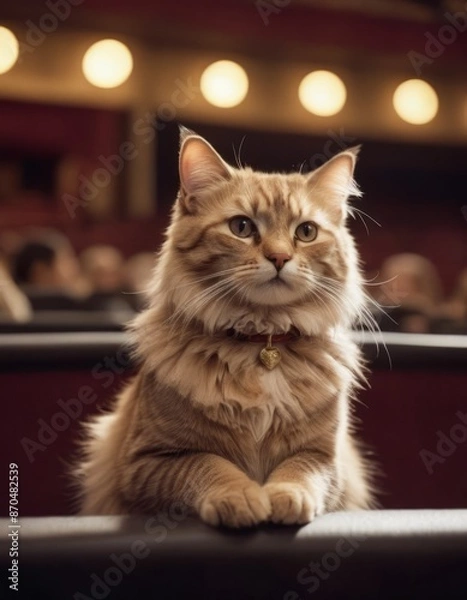 Fototapeta Captivated by the stage, an anthropomorphic cat watches intently at the theater
