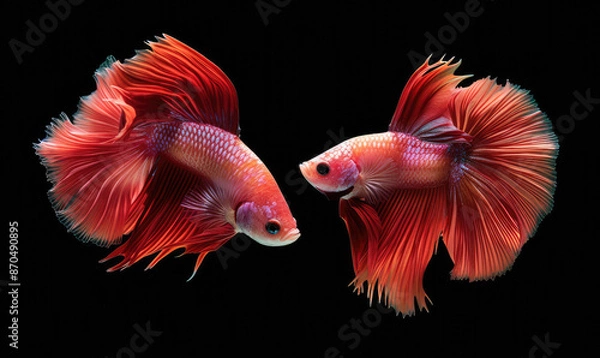 Fototapeta Beautiful movement of red betta fish, Two Fancy Halfmoon Betta, The moving moment beautiful of Siamese Fighting fish, Betta splendens, Rhythmic of Betta fish isolated on black background