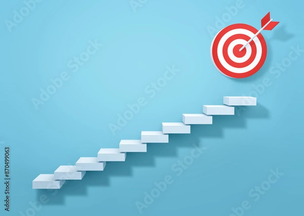 Fototapeta Stairs lead to target dartboard with arrow. Business target concept