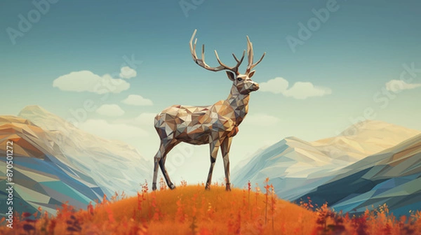 Obraz Abstract deer tech  standing on mountain, Ai generate