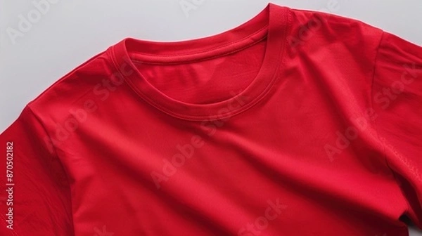 Fototapeta Close-up of a women's red T-shirt, laid flat with a white background.