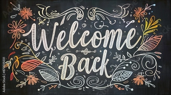 Fototapeta Chalkboard-style "Welcome Back" sign featuring a whimsical botanical design with leaves and vines, perfect for events or school openings.