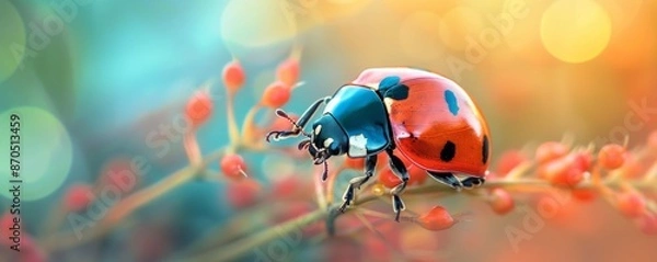 Fototapeta Close-up of a ladybug on a vibrant plant with a bokeh background