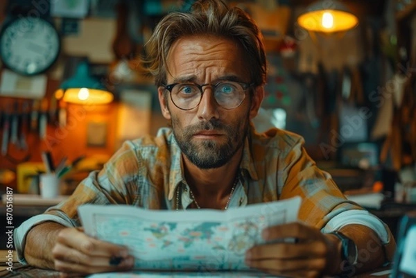 Fototapeta Carpenter Examining a Map in His Workshop
