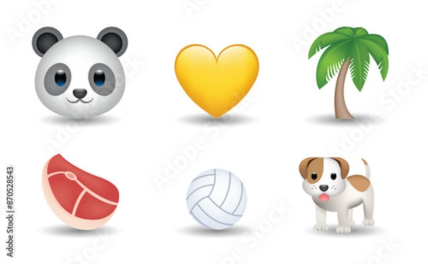 Obraz 6 Emoticon isolated on White Background. Meat, volleyball ball, panda, yellow heart, dog, palm vector emoji Illustration. 3d Illustration set.