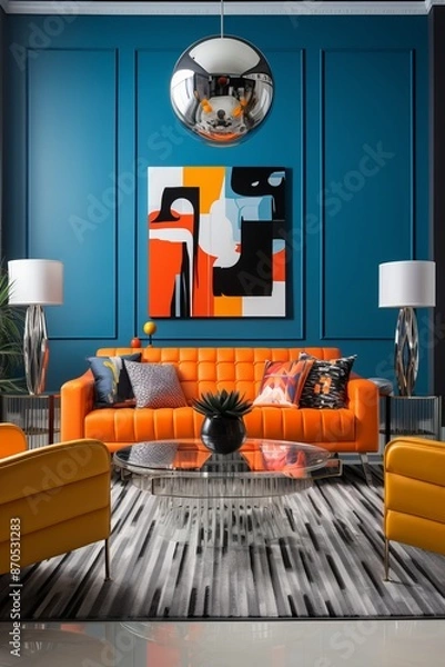 Fototapeta A living room filled with various furniture pieces such as a sofa, coffee table, and armchairs, with an art deco painting hanging on the wall. The room is decorated in geometric patterns