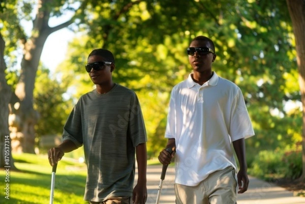 Fototapeta Two black blind brothers taking a walk together in a park with their white canes