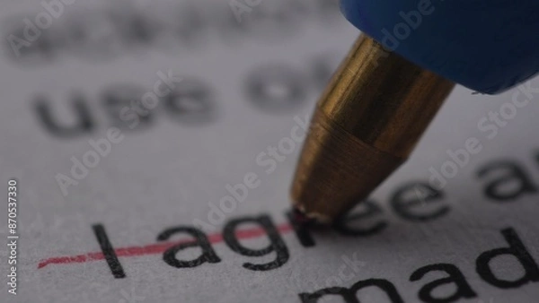 Fototapeta Pen Crossing Out 'I Agree' on Document. Extremely Close-up, shallow dof.