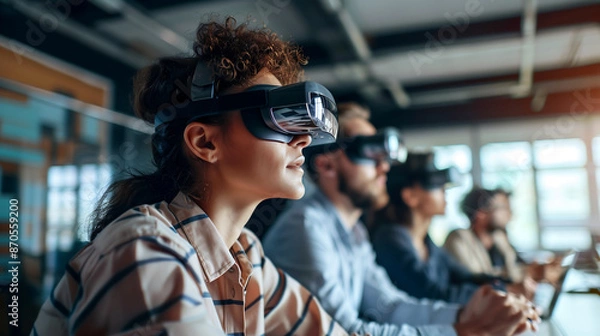 Fototapeta group of young professionals in an office setting, each wearing VR headsets and looking engaged with digital interfaces that appear to be on the walls around them