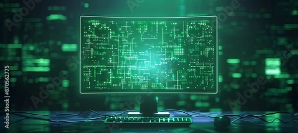 Obraz Green computer screen display has been hack by hacker. Cyber criminal information data thief. Generative AI technology.	
