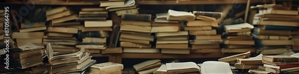 Fototapeta Chaotic Yet Charming Scene of an Overfilled Bookshelf with Vintage Books