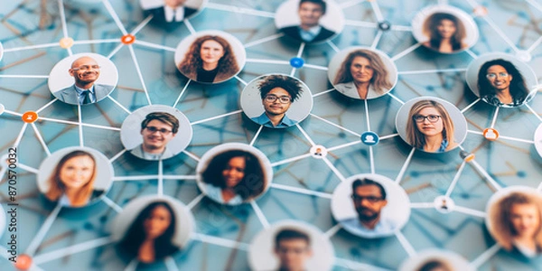 Obraz A diverse network of interconnected people portraits symbolizing social connections and professional networking