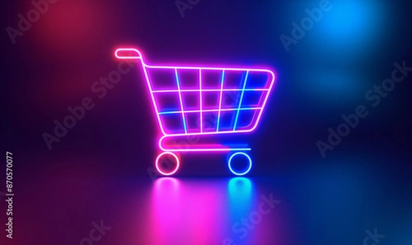 Obraz Neon shopping cart icon on a dark background with pink and blue glowing lights