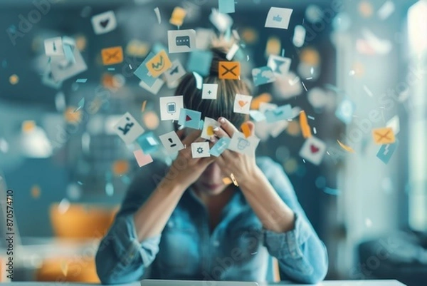 Obraz Digital Overload: Person Feeling Overwhelmed by Addictive Social Media Updates and Information Flood