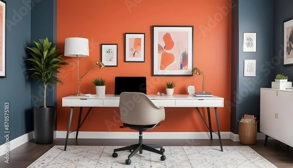 Fototapeta A chic home office with a sleek desk, ergonomic chair, and vibrant accent wall.